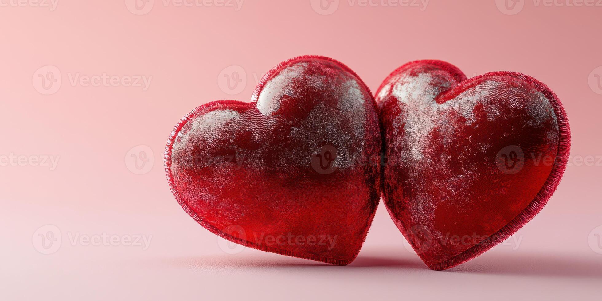 Soft red velvet hearts symbolizing love and connection on a pastel pink background, perfect for romantic occasions and celebrations photo