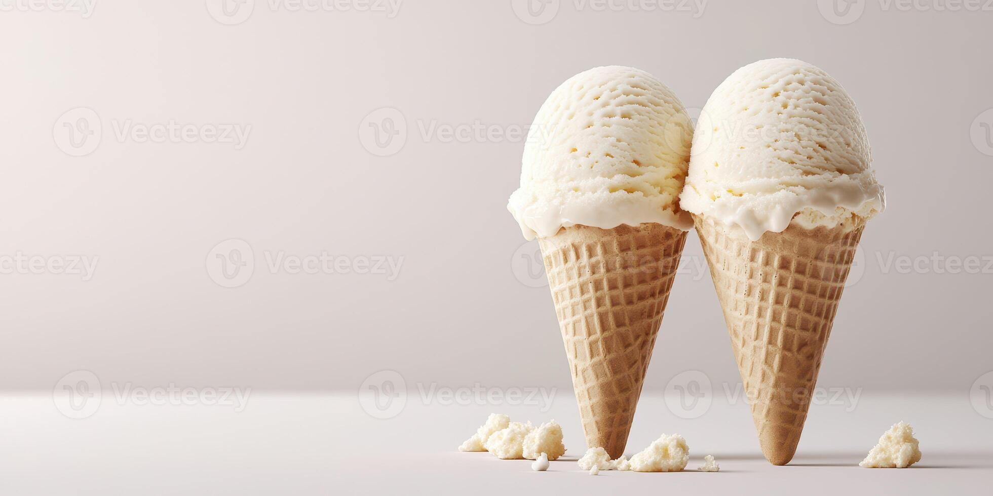 Delicious ice cream cones with two scoops on a clean white background during a sunny day photo