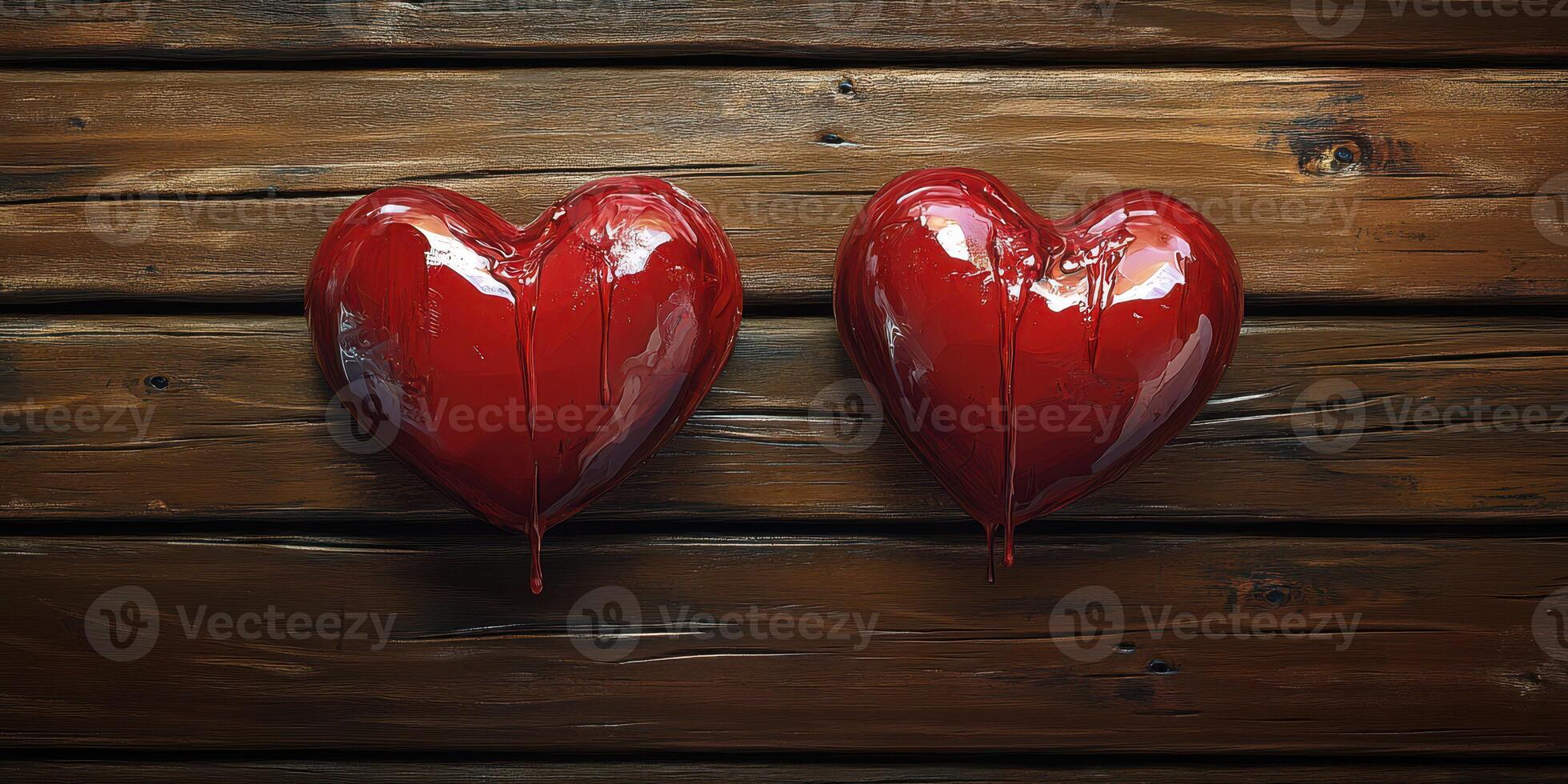 Two glossy red heart shapes on a rustic wooden background with a dripping effect photo
