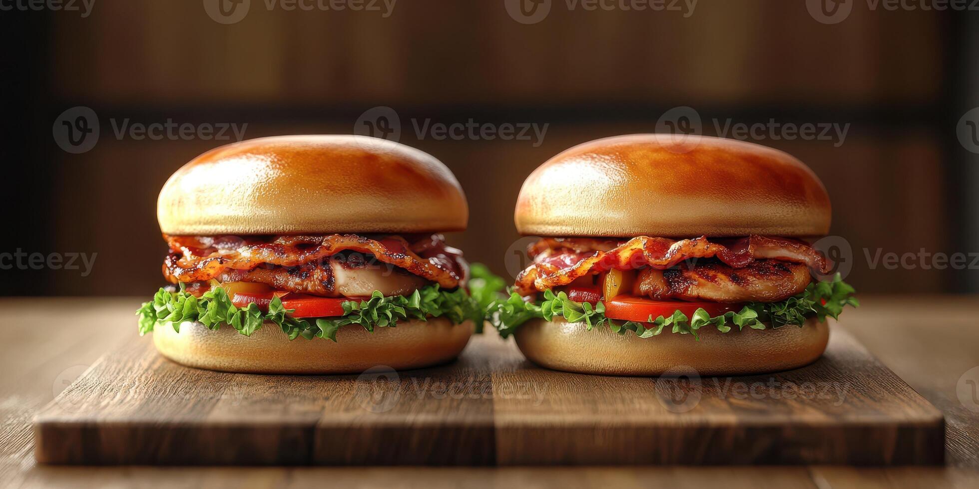 Delicious bacon burgers with fresh lettuce and tomato in a rustic setting perfect for a hearty meal photo
