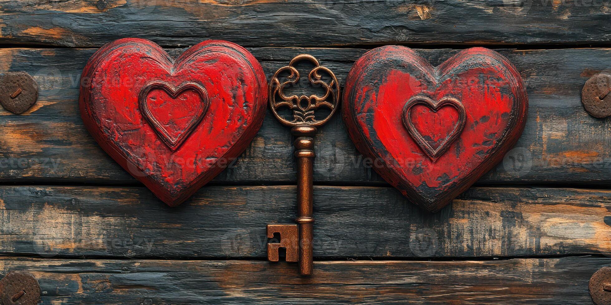 Decorative hearts and vintage key on rustic wooden wall photo