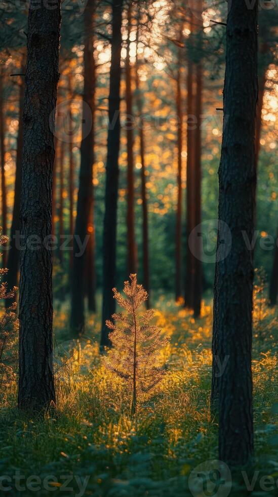 Soft golden light filters through tall trees in a tranquil forest at sunset creating a serene atmosphere for nature lovers photo