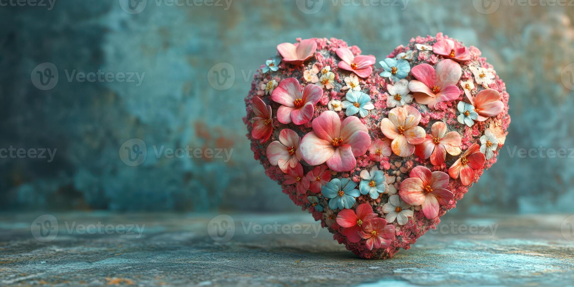 Colorful heart made of flowers sits on a textured surface with blue and brown tones enhancing its beauty photo