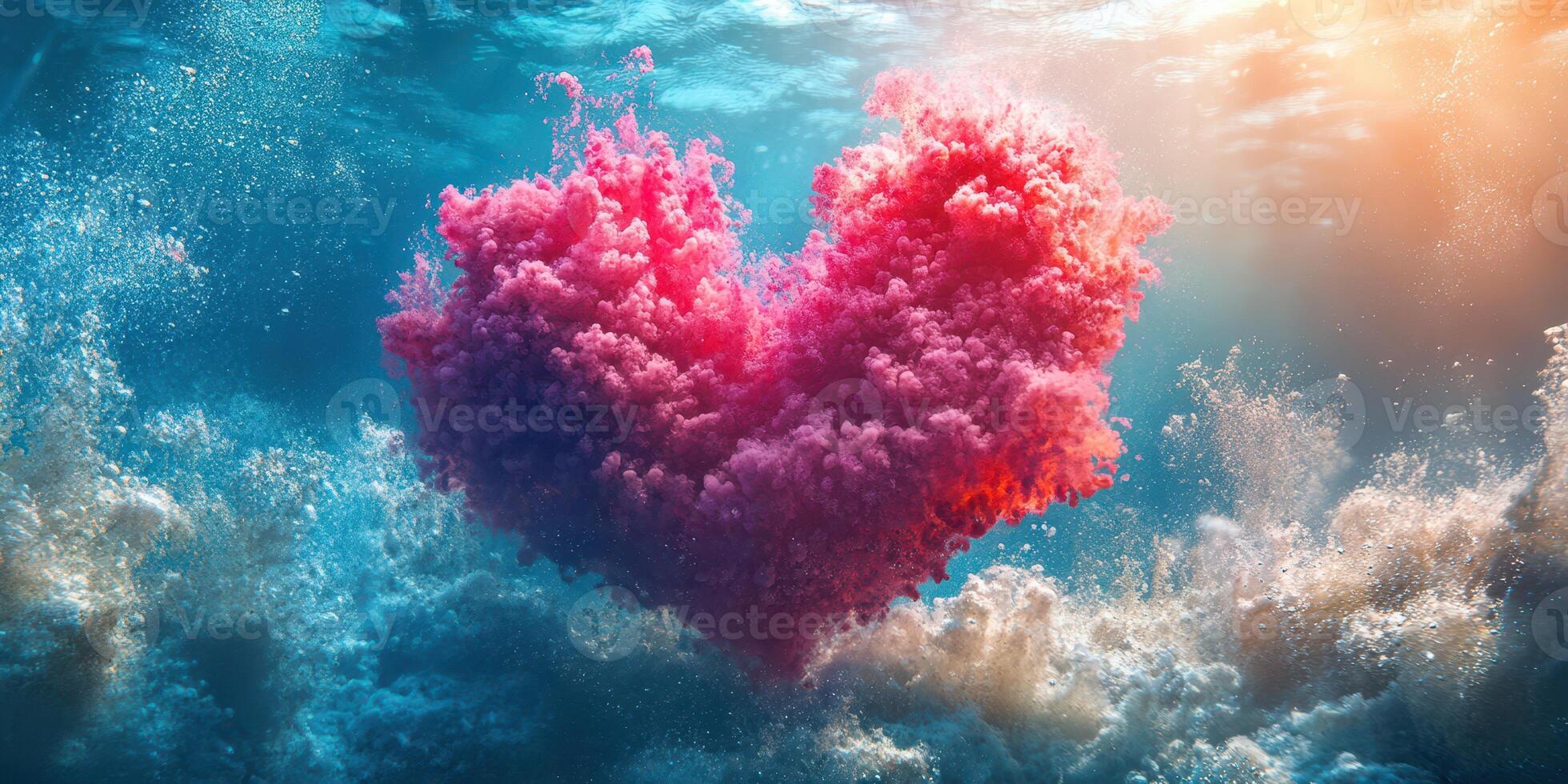 Colorful heart-shaped cloud formation creates a stunning visual under the ocean surface in bright sunlight photo