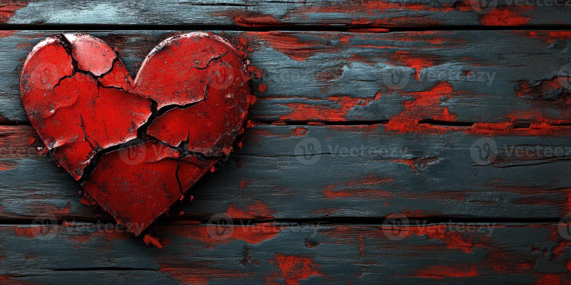 Cracked red heart on weathered wooden surface evokes feelings of loss and nostalgia photo