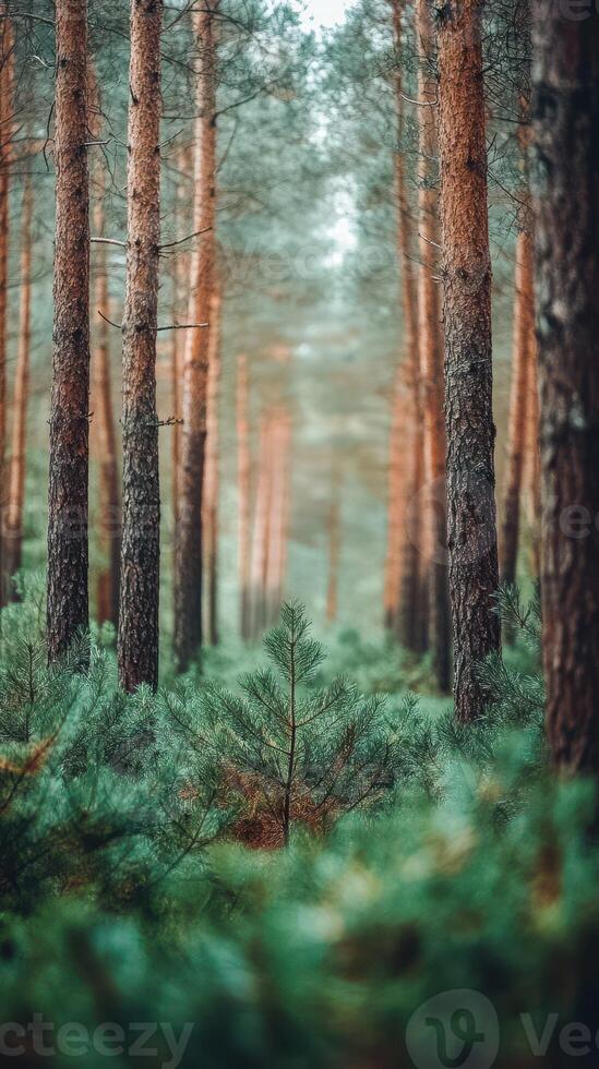 Lush green pine forest with tall trees and misty atmosphere during early morning hours photo