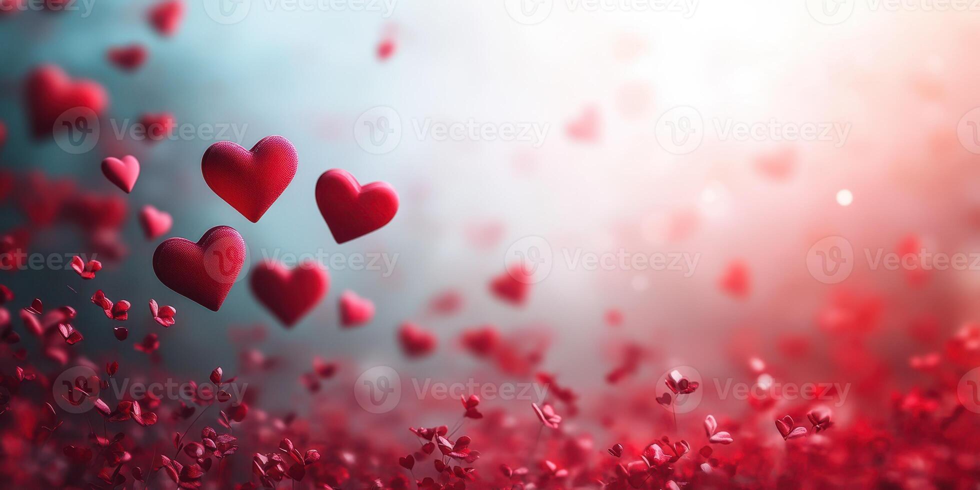 Floating red hearts create a romantic atmosphere against a soft blue and white background photo