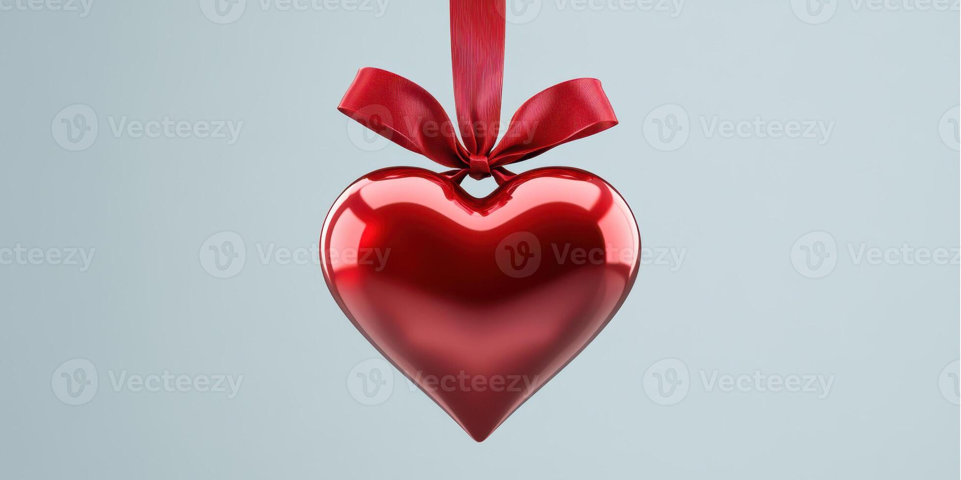 Decorative red heart with a ribbon hangs against a soft gray background for a festive occasion or romantic setting photo