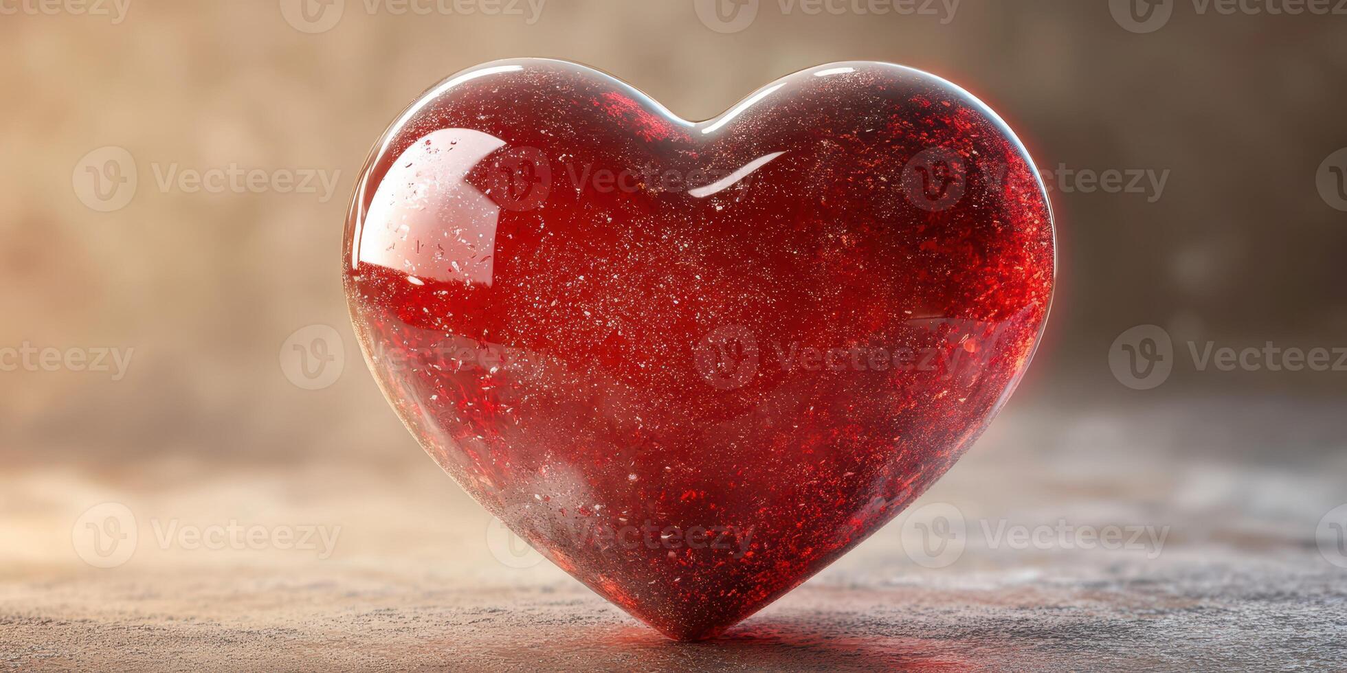 Heart-shaped red glass sculpture sparkles under warm lighting in a softly blurred background photo
