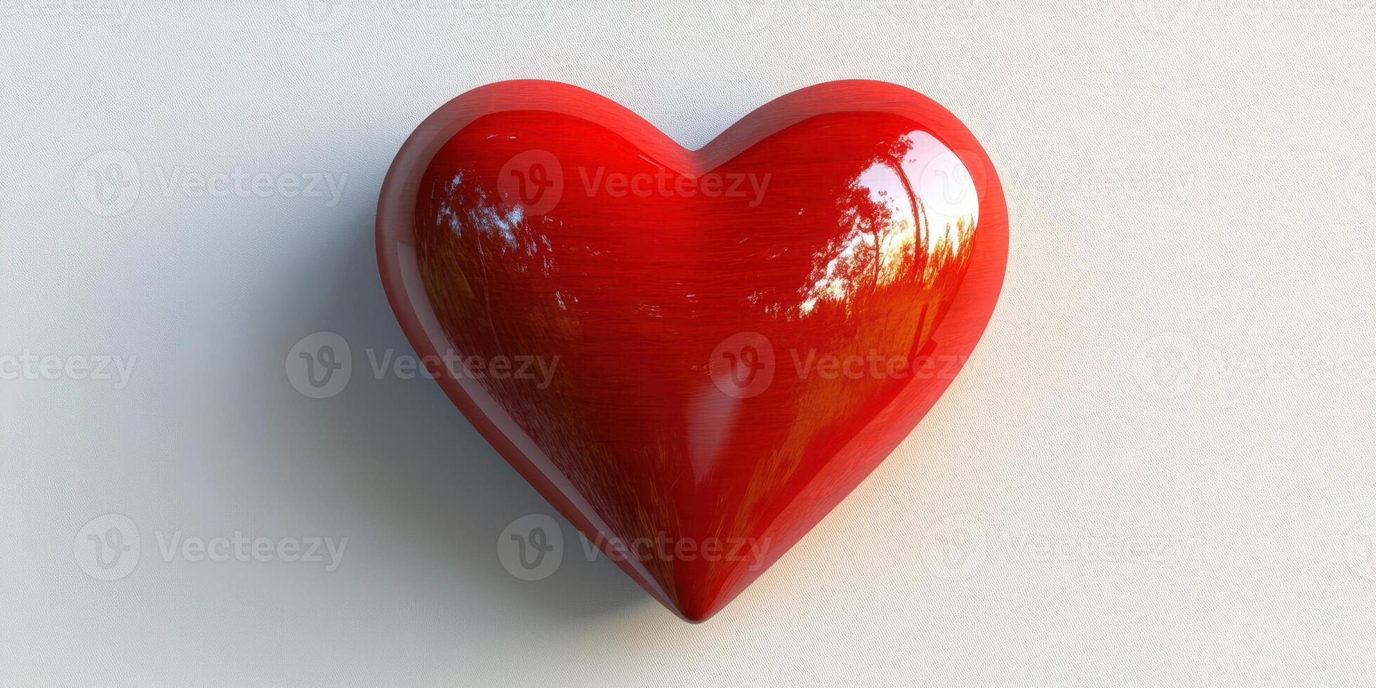 Red heart sculpture placed on a light surface showcasing smooth texture and vibrant color with reflections of surrounding light photo