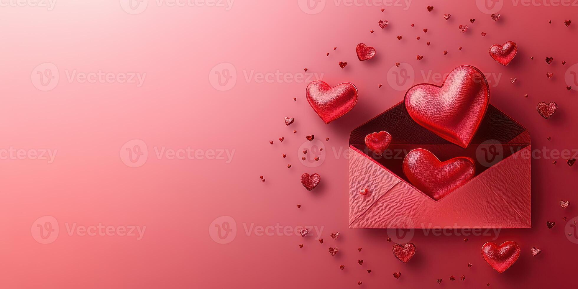 Heart-shaped decorations spilling from a red envelope against a soft gradient background enhancing a romantic atmosphere photo