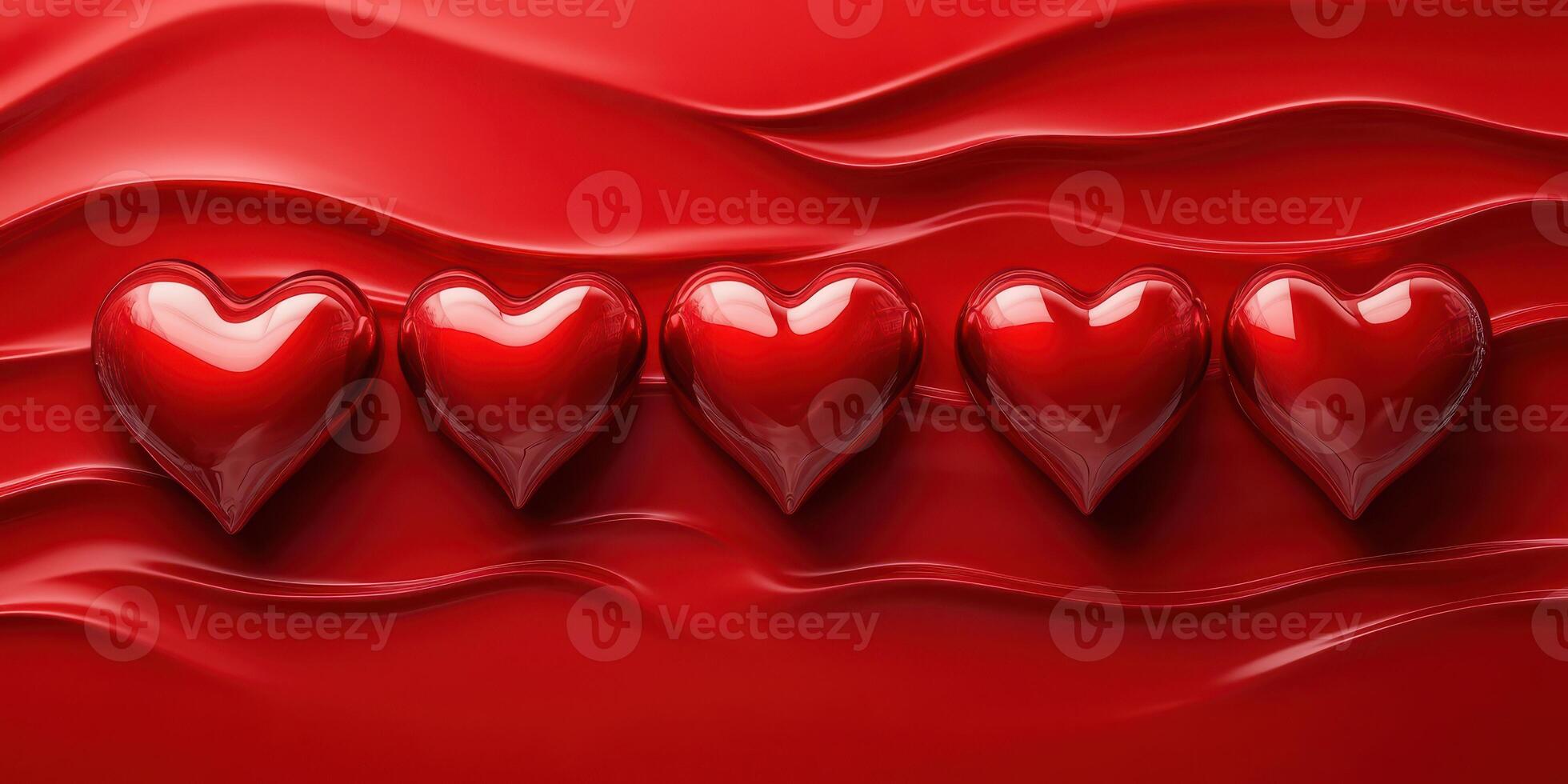 Collection of glossy red hearts arranged on a smooth red surface with flowing patterns photo