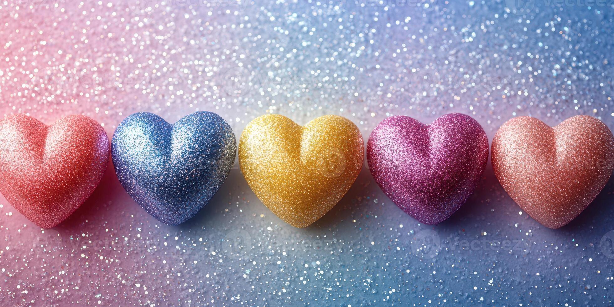 Colorful glitter hearts arranged in a row on a shimmering background ideal for celebrations or decorations photo