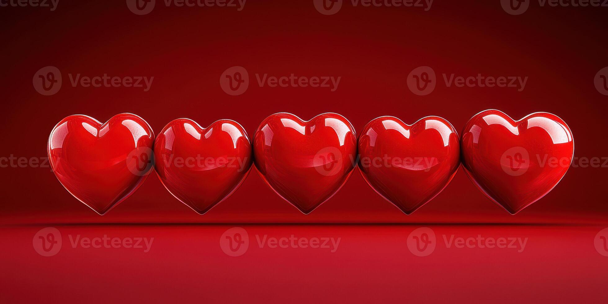 Five glossy red hearts arranged in a row against a vibrant red background photo
