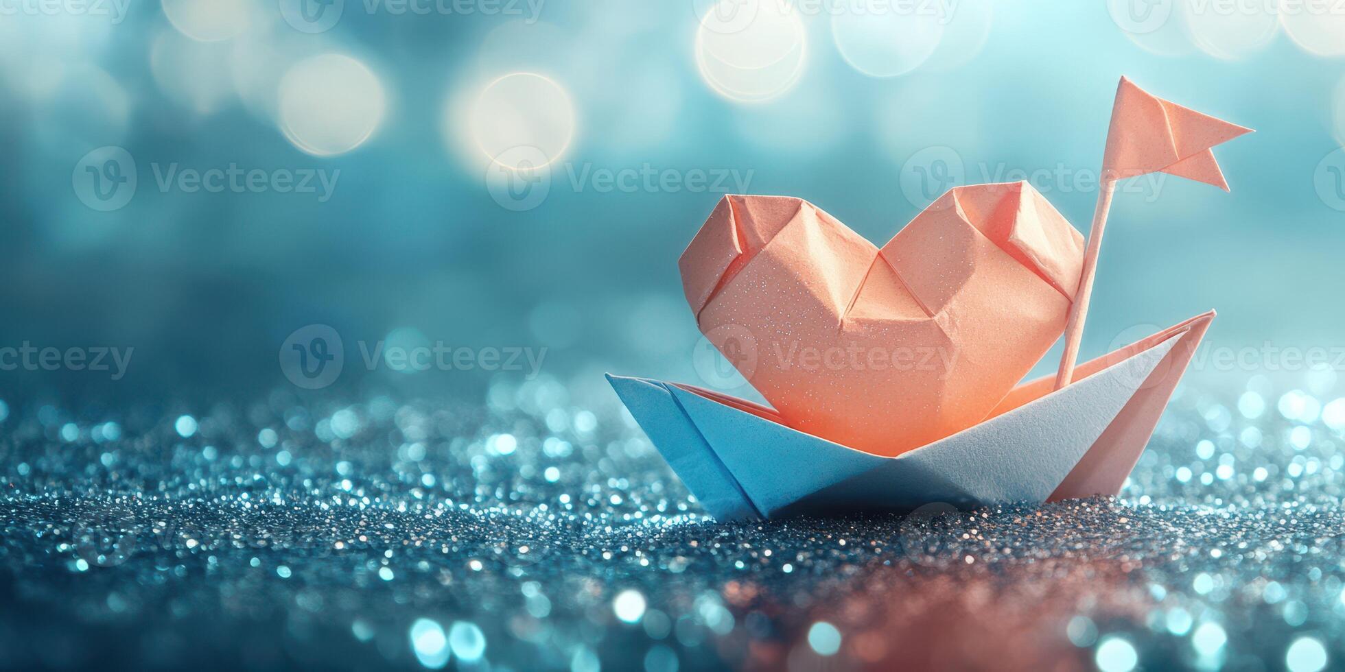 Origami heart boat on sparkling surface reflects creativity and skill in paper folding art photo