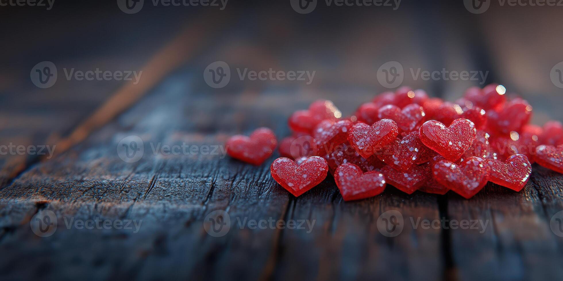 Colorful red heart-shaped candies scattered on a wooden surface, creating a sweet and festive appearance photo