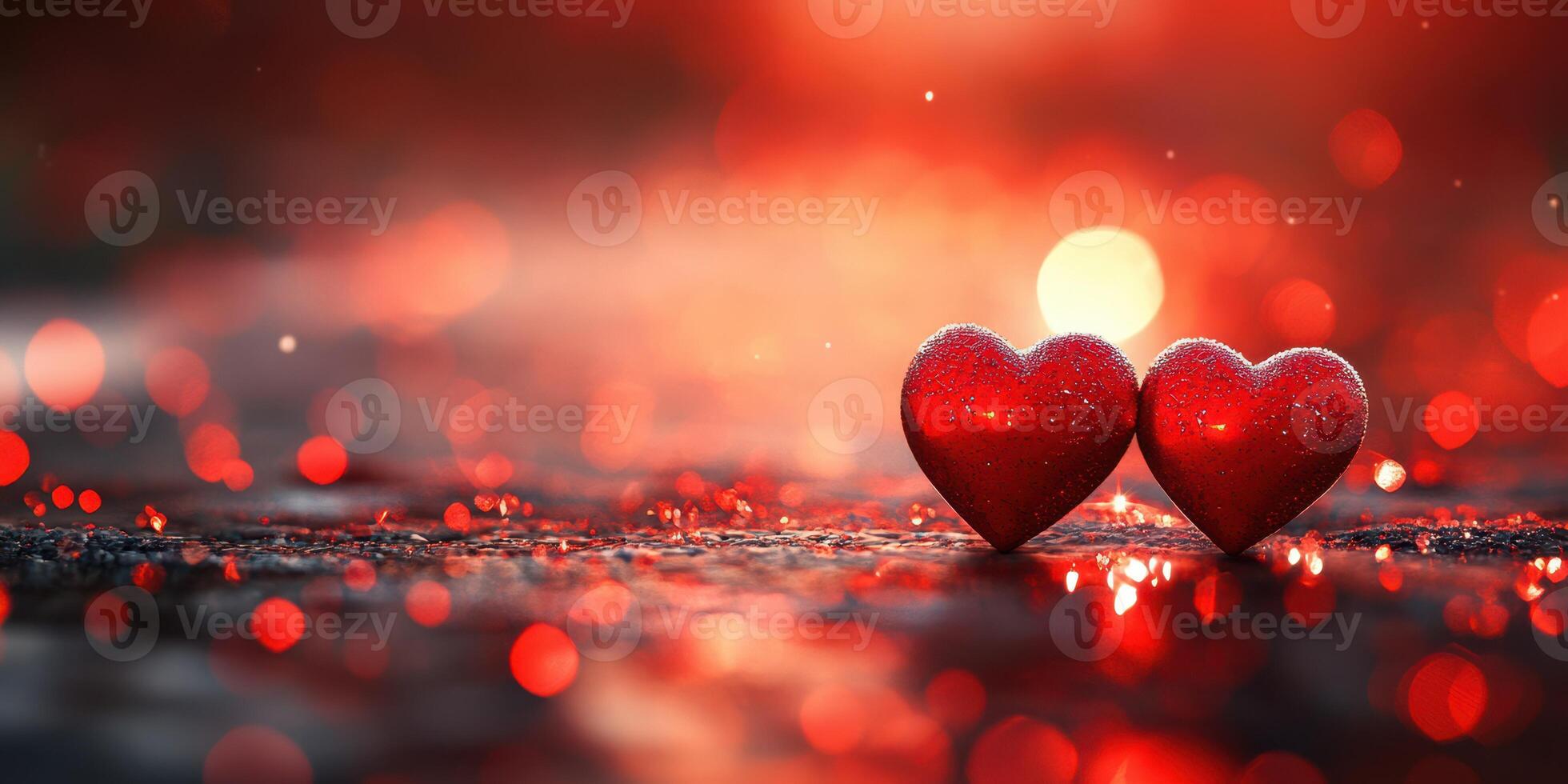 Two sparkling red hearts surrounded by shimmering bokeh lights on a blurred background during twilight photo