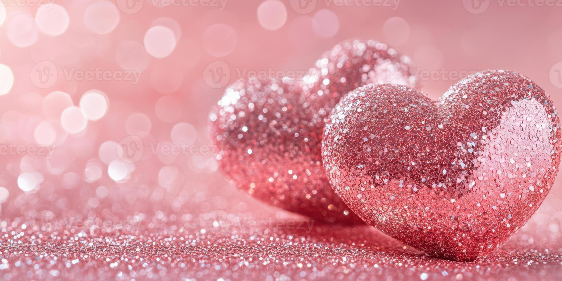 Sparkling pink hearts with glitter on a soft pink background create a romantic and festive atmosphere for celebrations photo