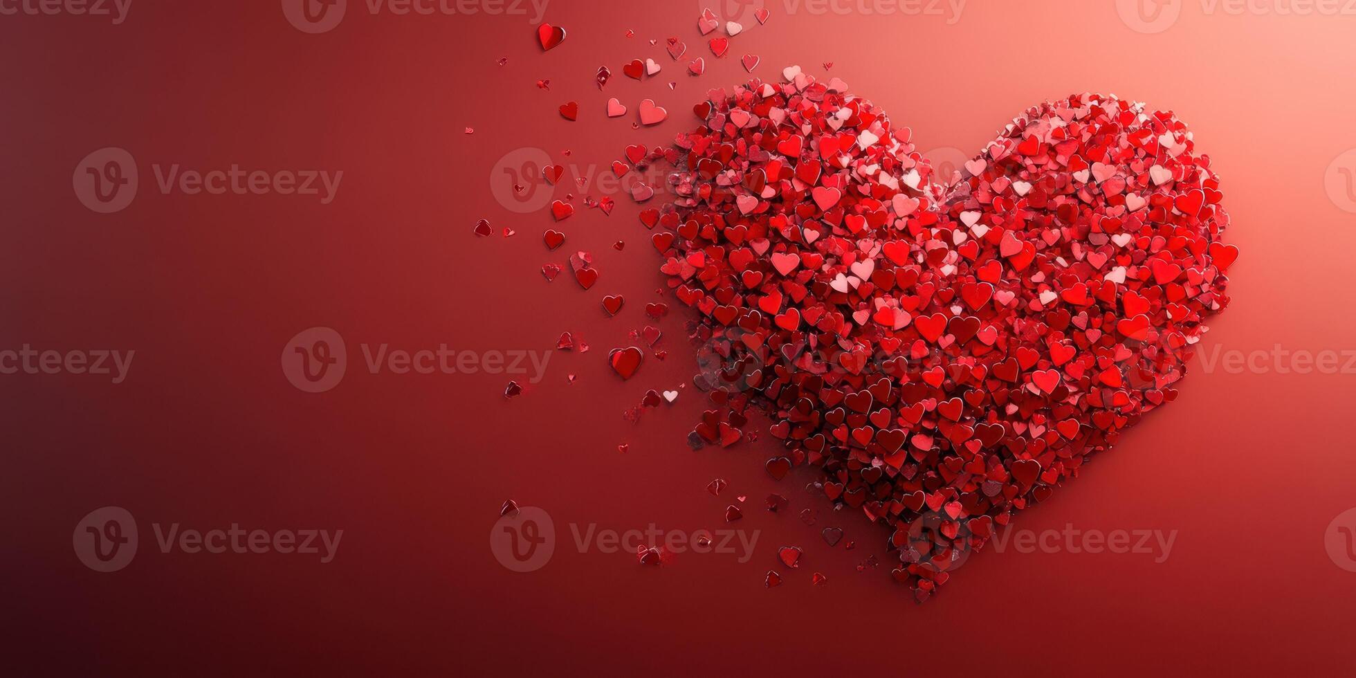 Heart shape created from scattered red hearts on a gradient red background for romantic occasions and celebrations photo