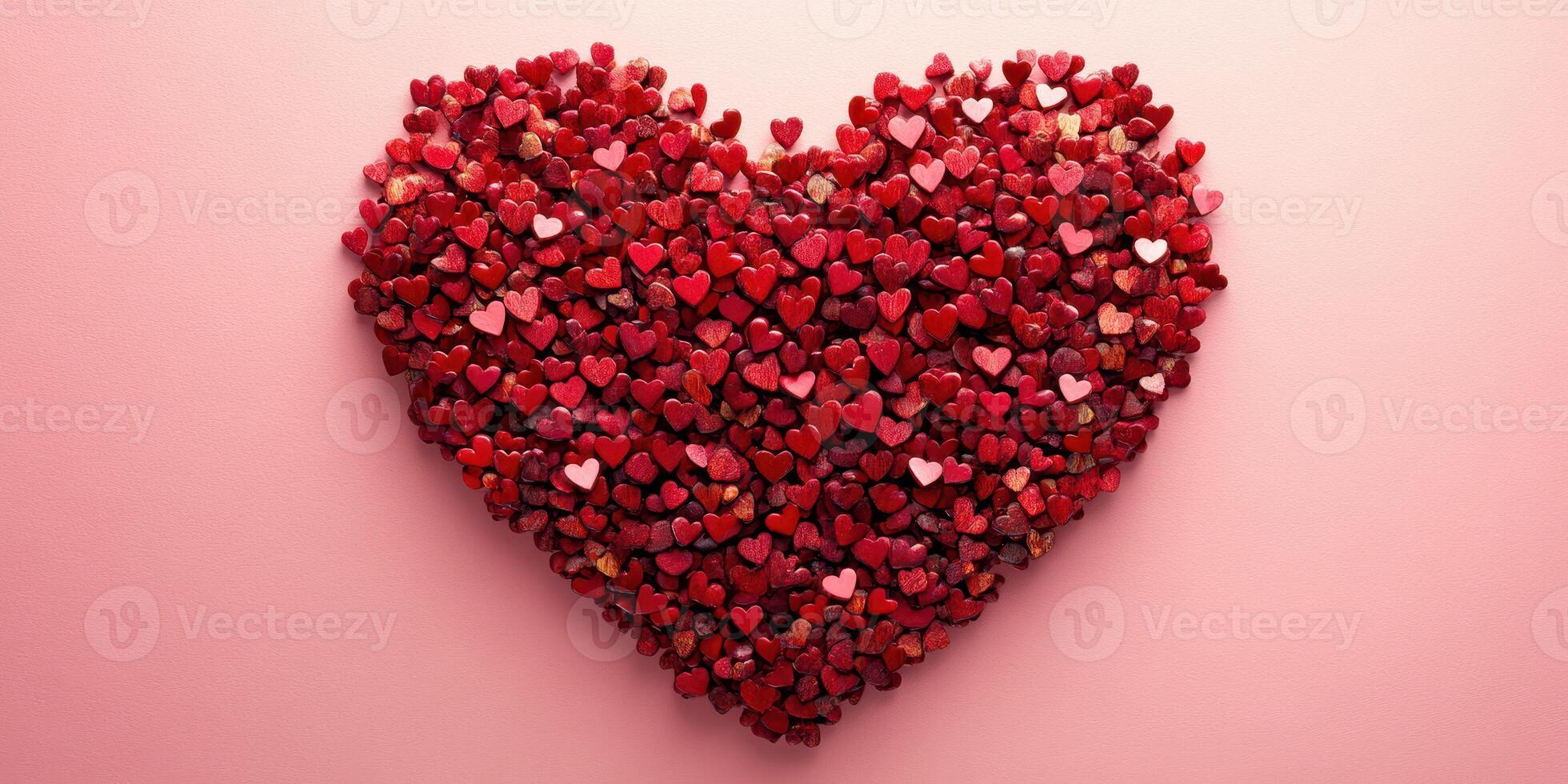 Heart-shaped arrangement of small red and pink hearts on a soft pink background for a celebration of love photo