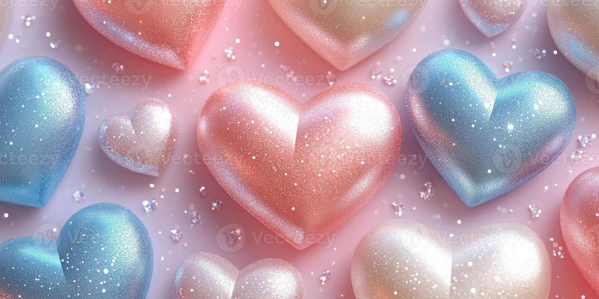 Colorful glittery hearts scattered on a pastel background create a festive atmosphere for celebrations or romantic occasions photo