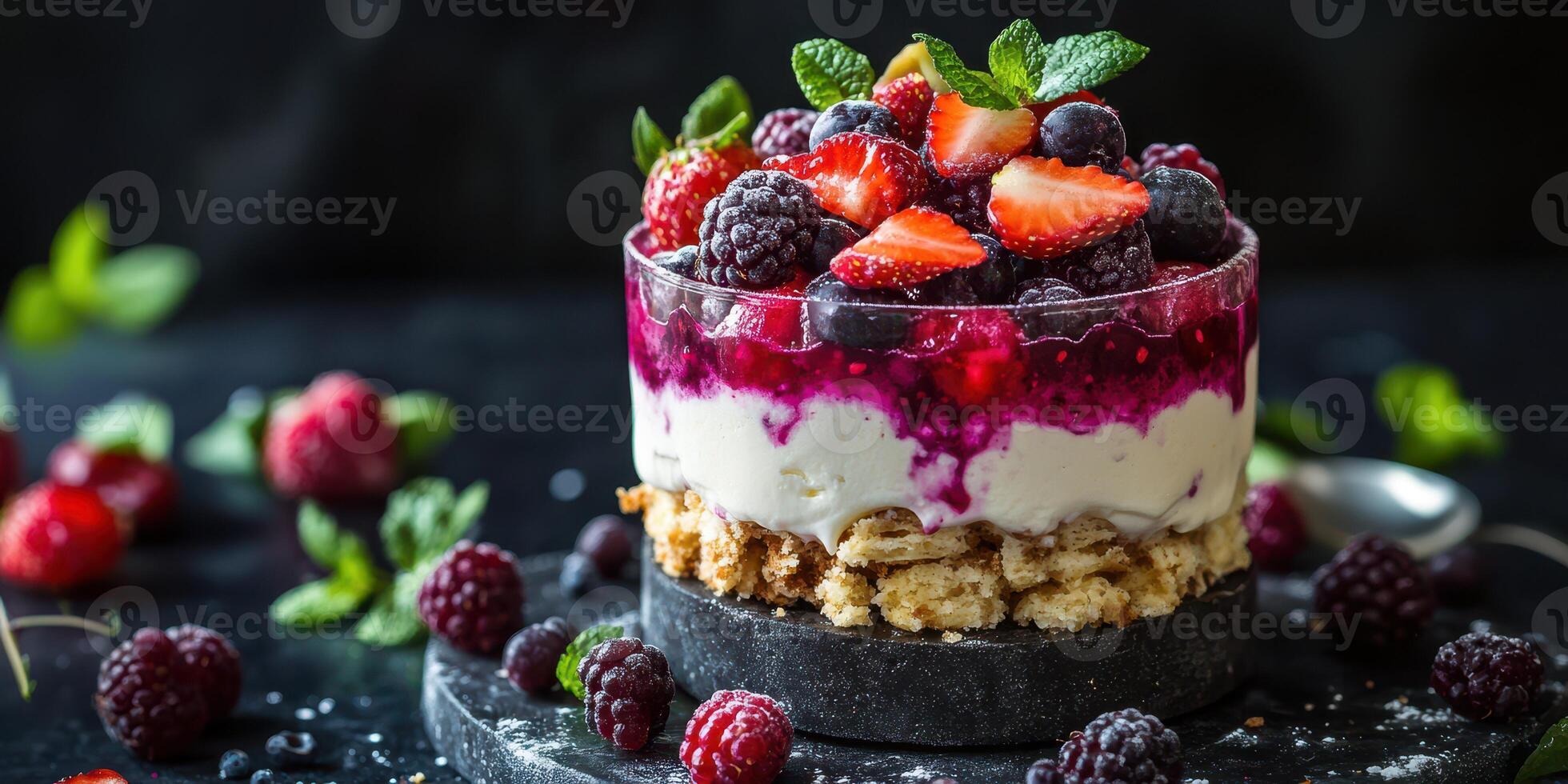 Delicious berry parfait layered with cream and crunchy granola on a black surface location in a kitchen setting photo