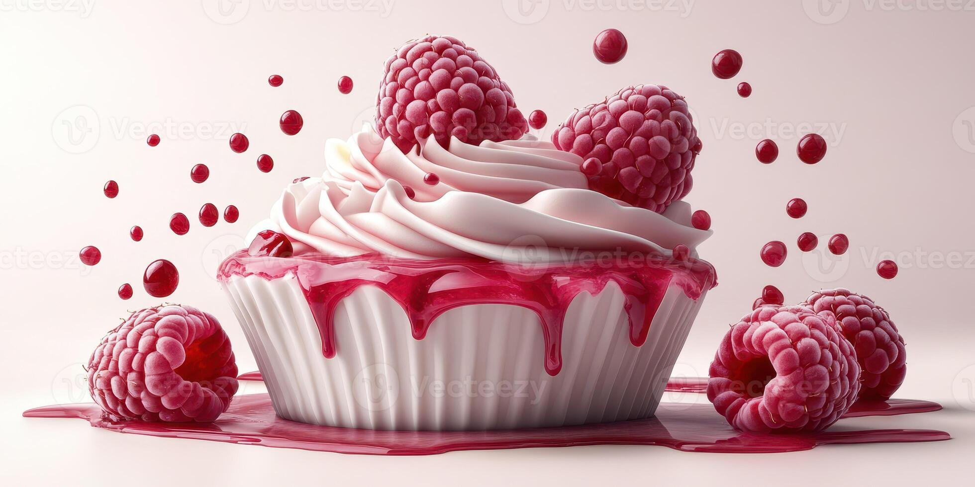 Delightful raspberry dessert with whipped cream and berry sauce on a light background photo