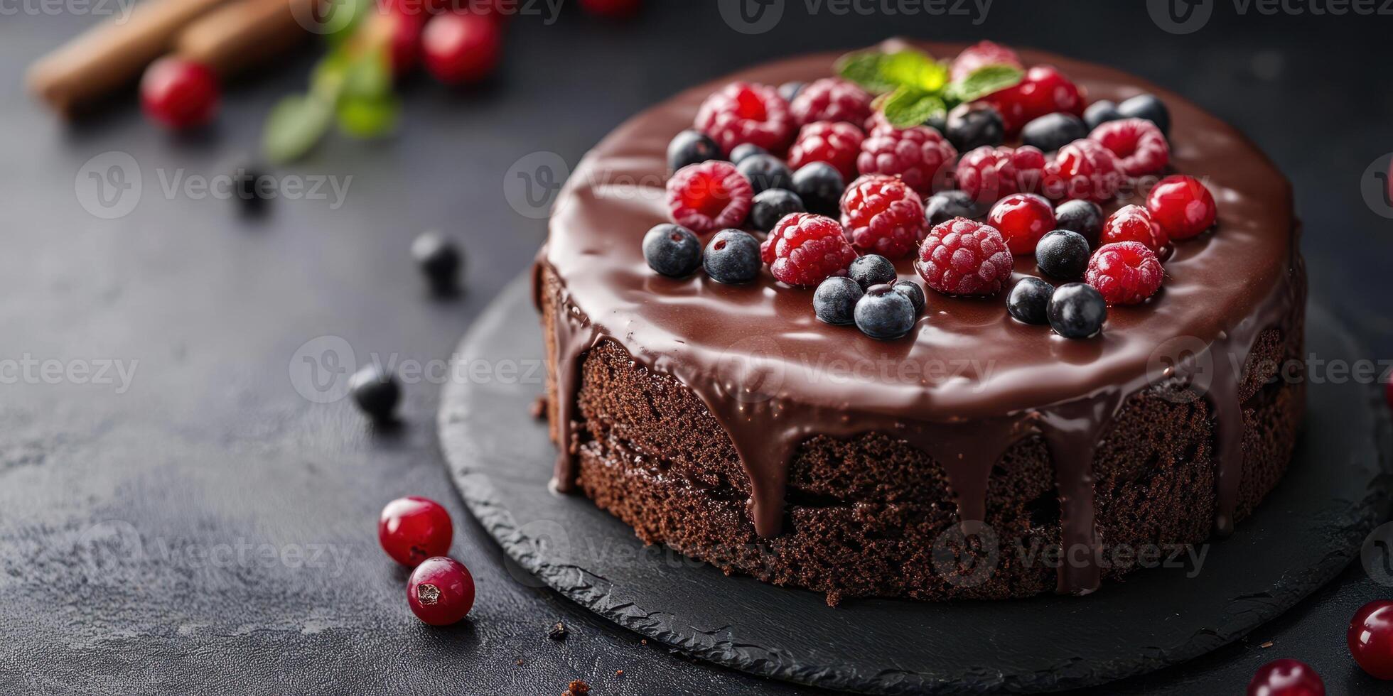 Decadent chocolate cake topped with fresh berries displayed on a rustic black slate surface photo