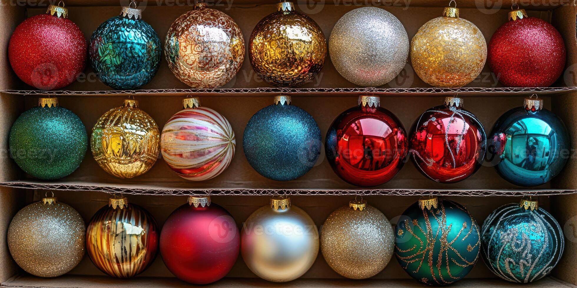 Colorful collection of Christmas ornaments arranged neatly in a cardboard box ready for holiday decorations photo