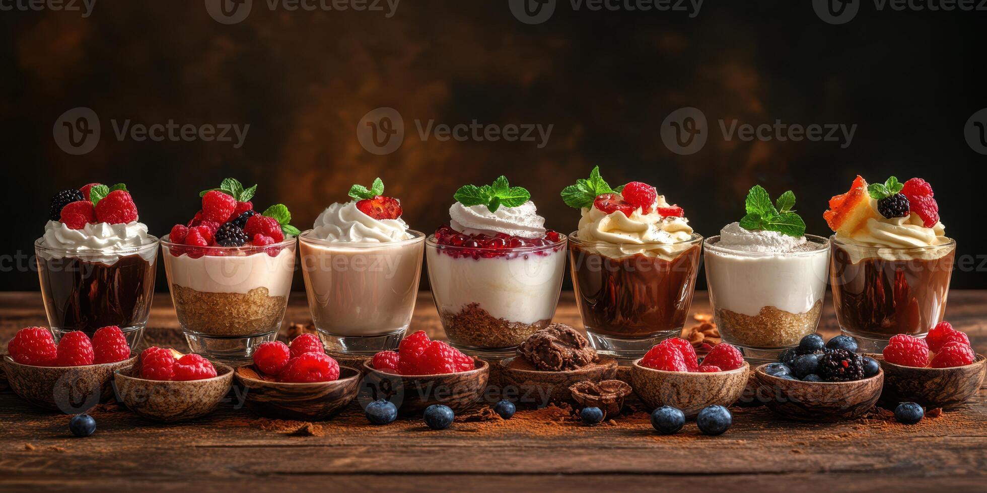 Delicious dessert selection with vibrant toppings on wooden table in cozy setting photo