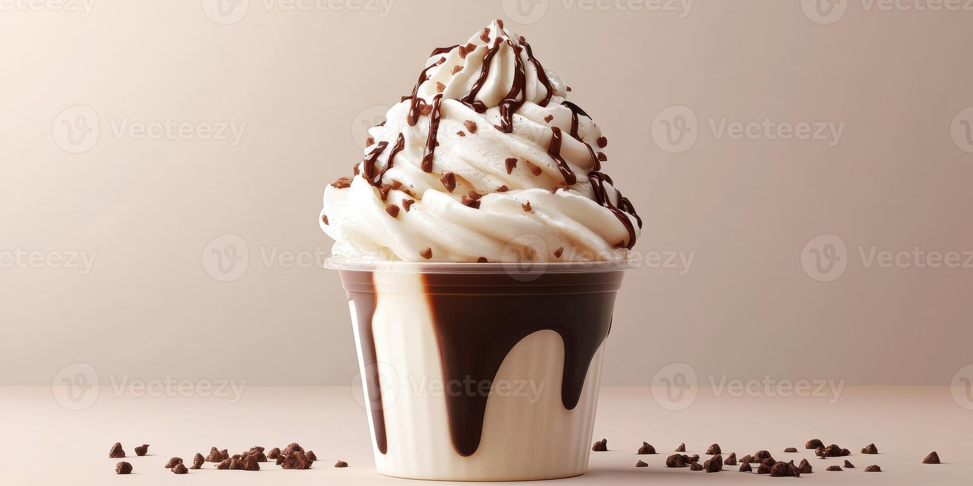 Delicious chocolate and vanilla swirl soft serve with toppings in a cup on a light background photo