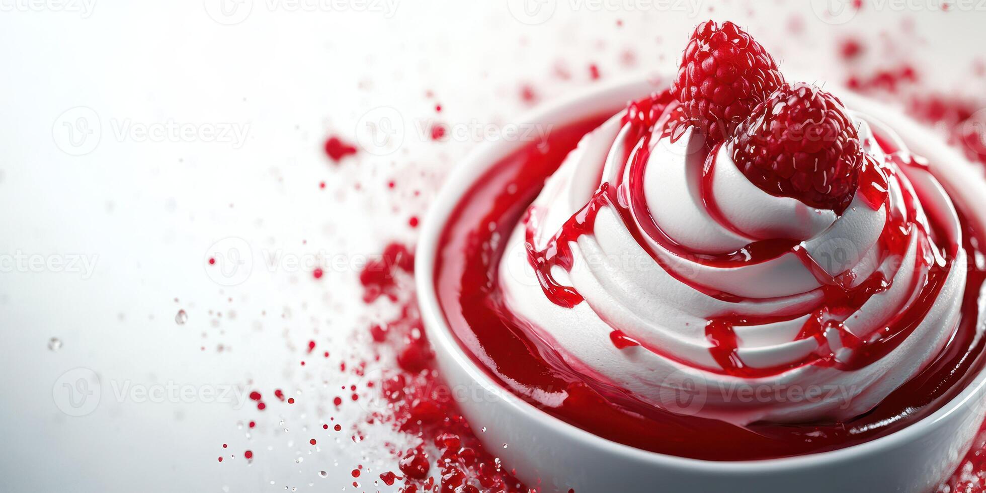 Indulge in rich swirls of frozen dessert topped with fresh raspberries and vibrant raspberry sauce for a delightful treat photo