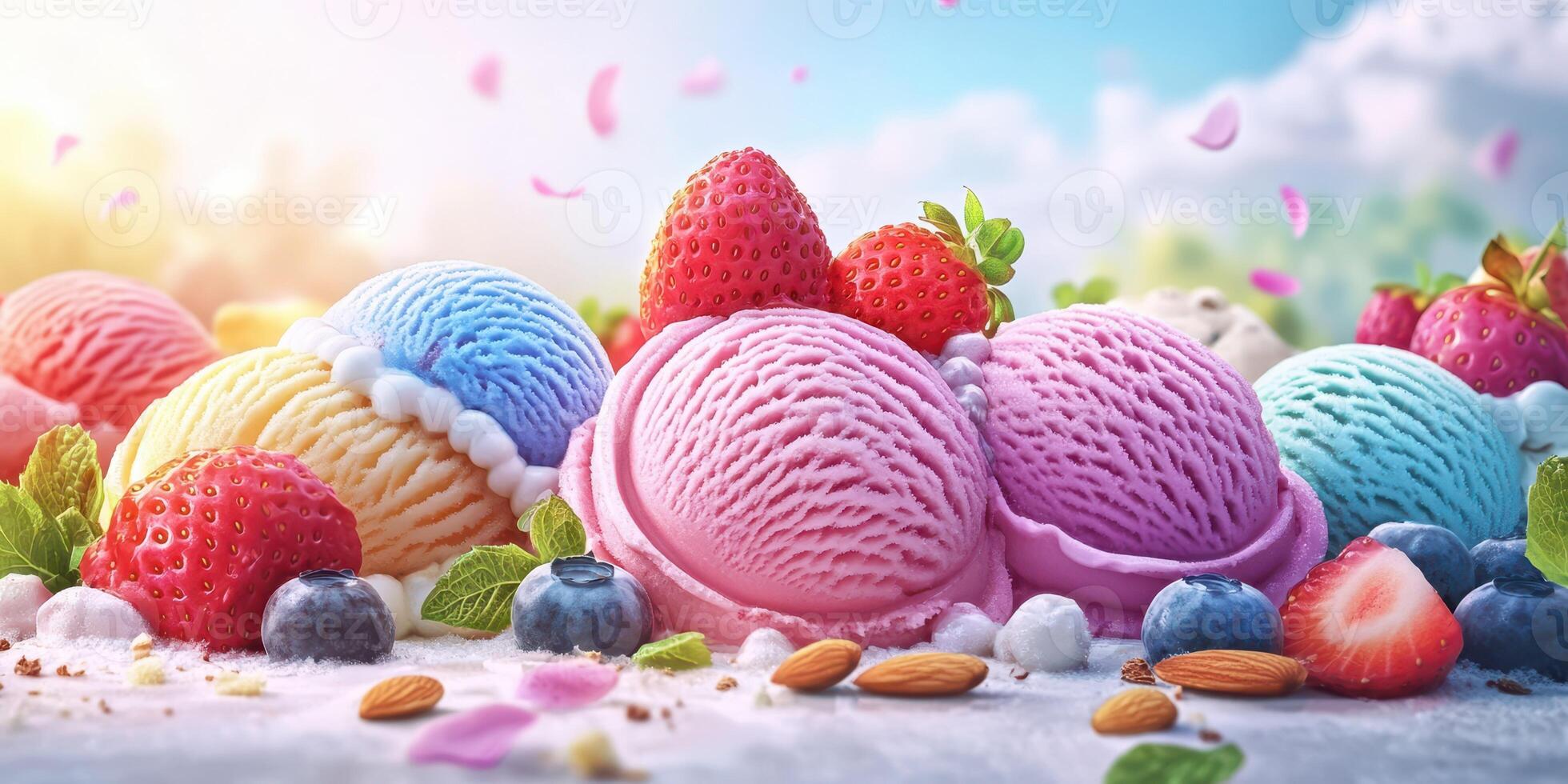 Colorful scoops of ice cream with fresh berries and nuts displayed under a bright sunny sky in a scenic outdoor setting photo