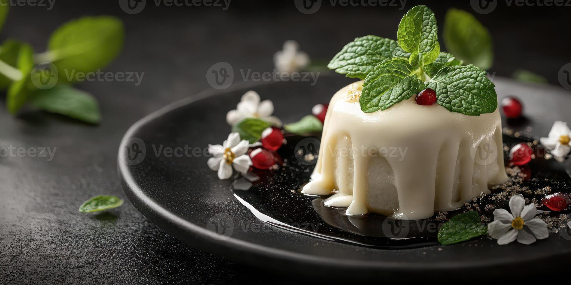 Creamy dessert topped with fresh mint and red berries on a black plate with flowers photo