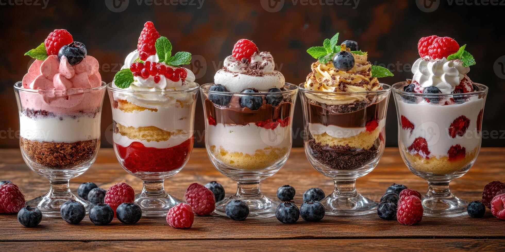 Delicious layered desserts with fresh berries presented on a rustic wooden table photo