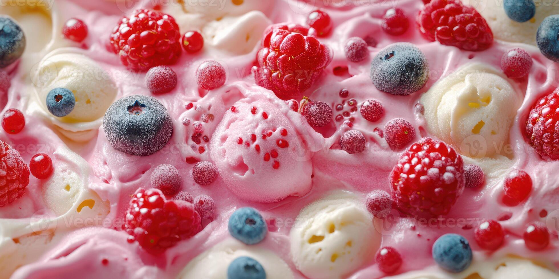 Colorful dessert with various berries and creamy toppings on a smooth pink surface in a close-up view photo