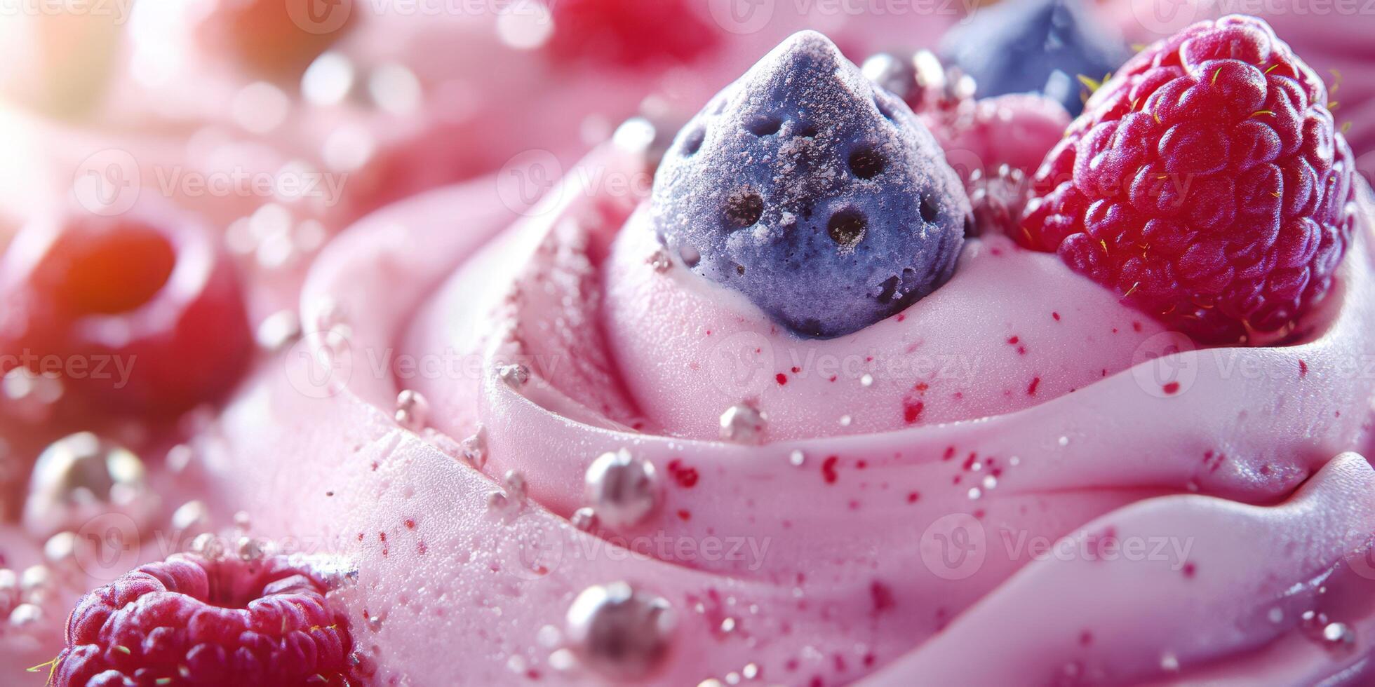 Delicious dessert featuring pink frosting topped with strawberries and raspberries in a colorful arrangement photo