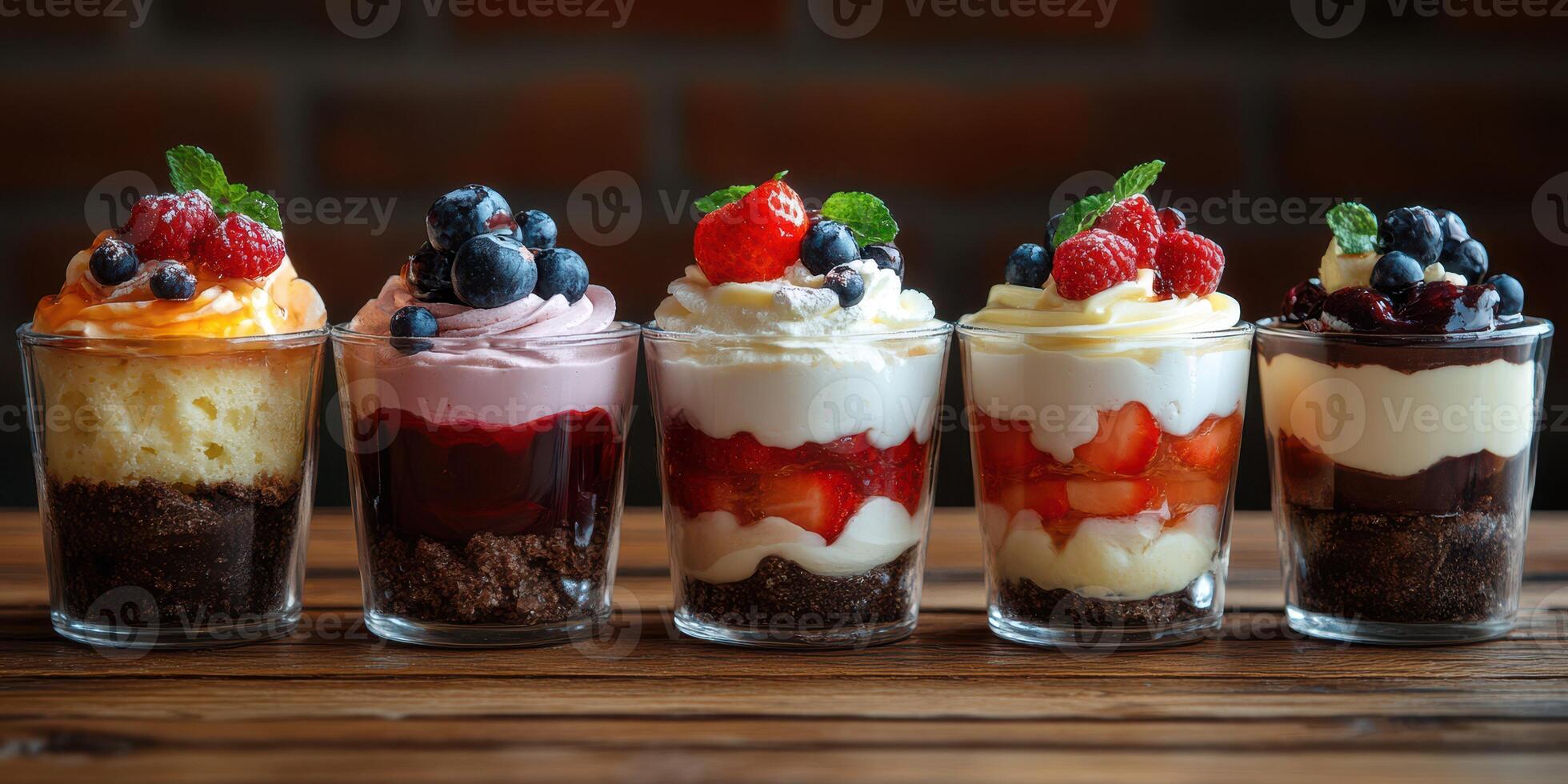 Colorful dessert cups with layers of cream, fruit, and cake displayed on a wooden table in a cozy setting photo