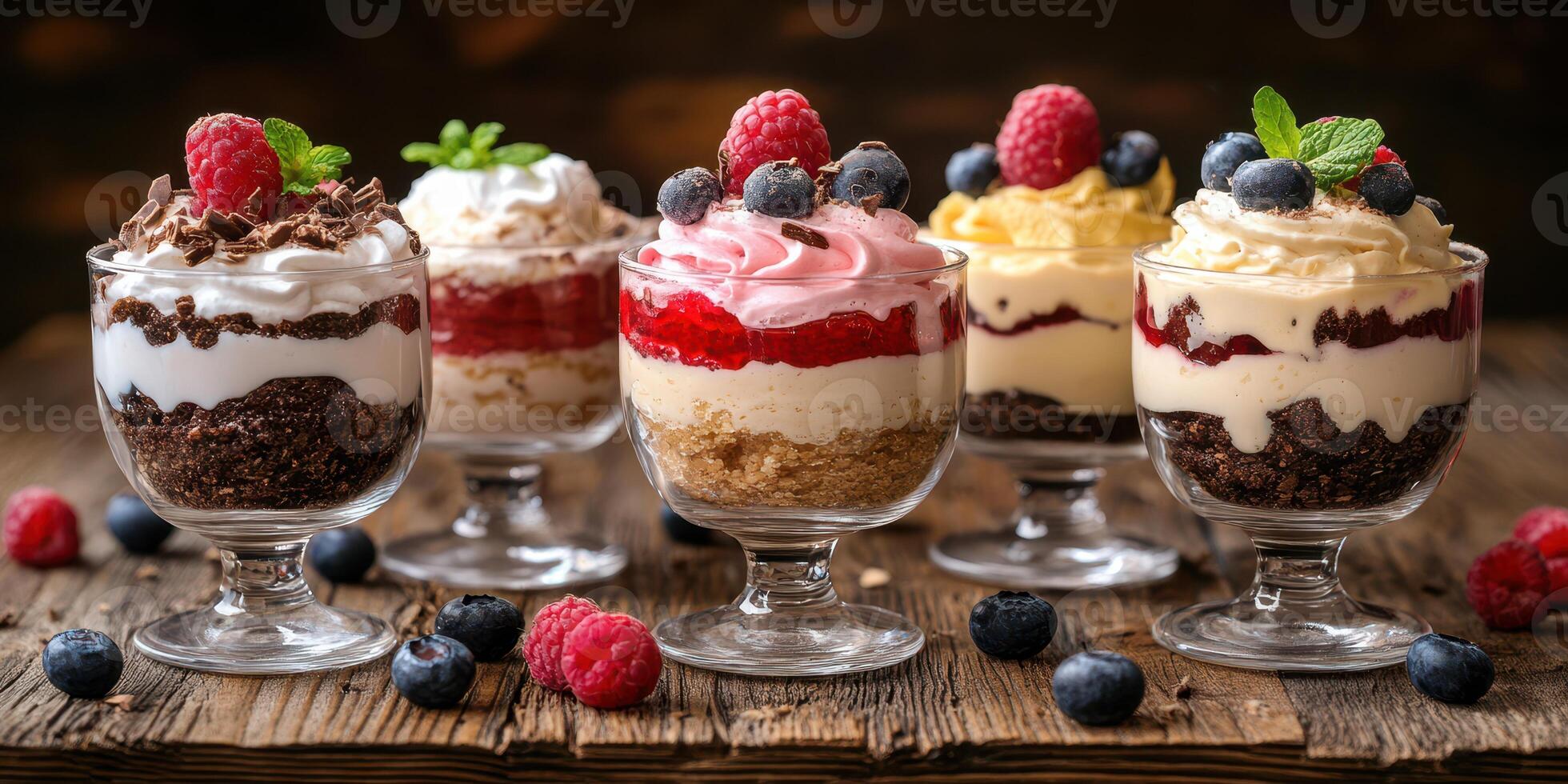 Assorted dessert cups featuring layers of cream, fruit, and chocolate on a rustic wooden table photo