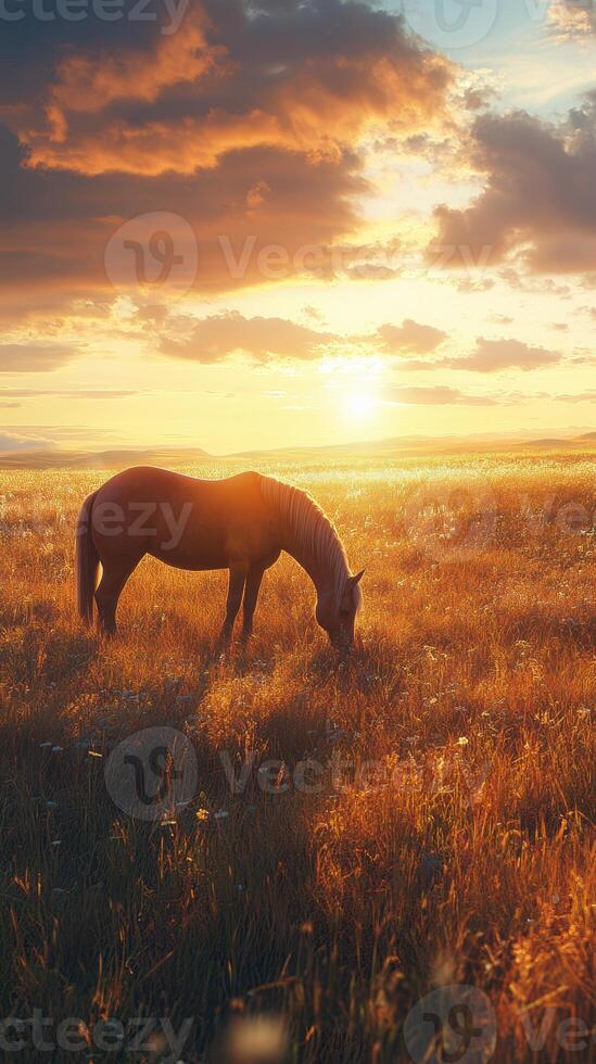Horse grazing in a golden field at sunset with vibrant clouds and serene atmosphere photo