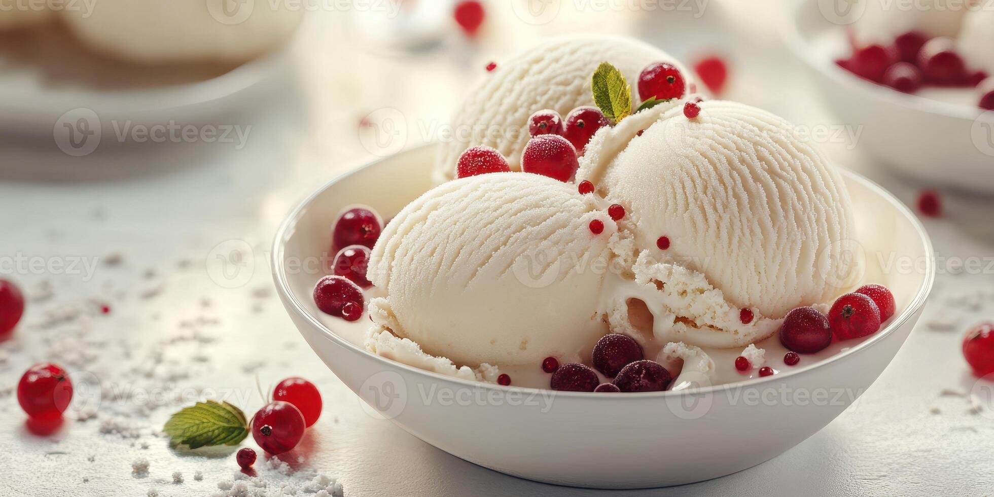Creamy vanilla ice cream served with fresh red currants and mint leaves on a white table photo