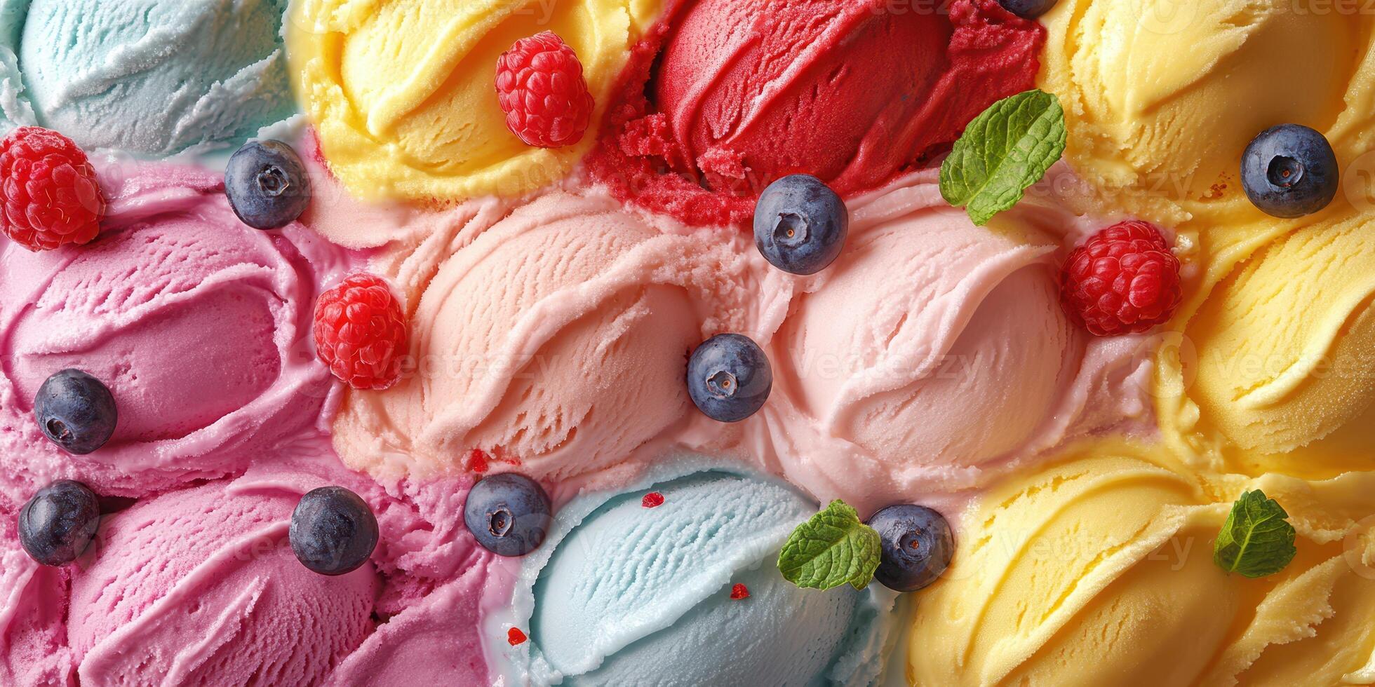 Colorful ice cream with fresh berries and mint leaves in a delightful arrangement at a summer gathering photo