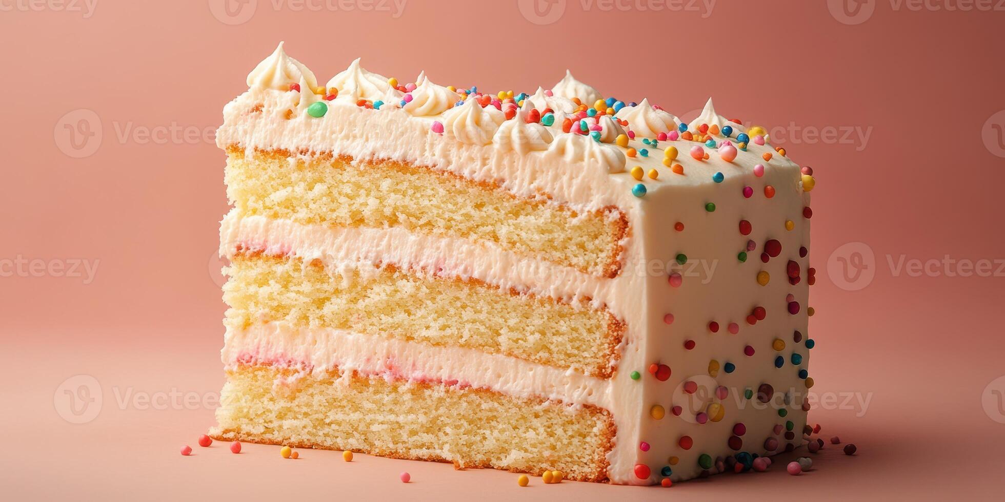 Delicious three-layer vanilla cake with frosting and colorful sprinkles on a soft pink background photo