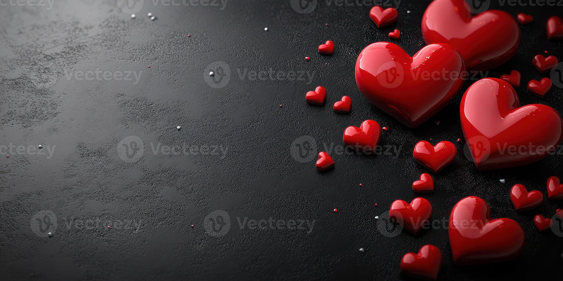Red hearts scattered on a dark surface create a romantic and festive atmosphere for celebrations and special occasions photo