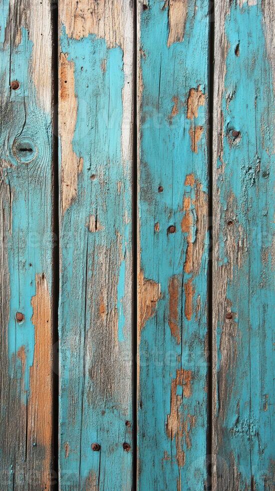 Weathered wooden boards with vibrant turquoise paint in distressed condition showcasing textures and colors of decay photo