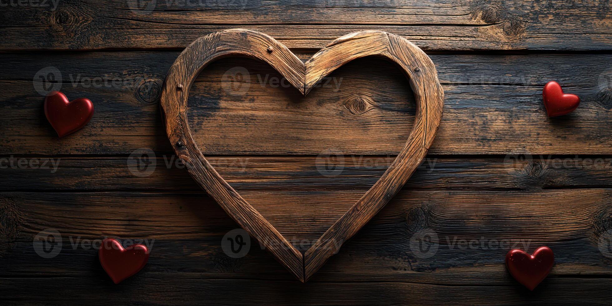 Rustic wooden heart frame with red hearts on dark wooden background for romantic decor photo