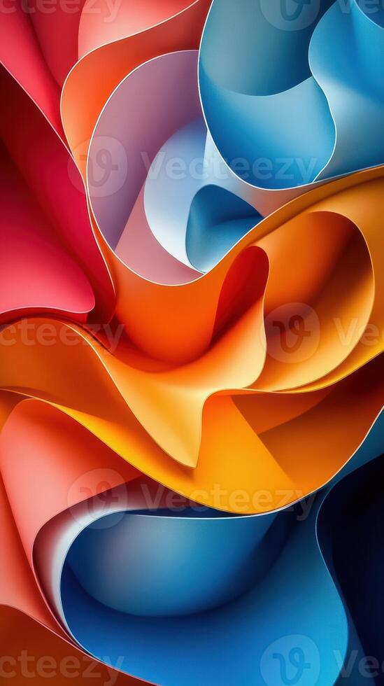 Vibrant swirls of colorful paper create a dynamic abstract composition in bold hues and flowing shapes photo