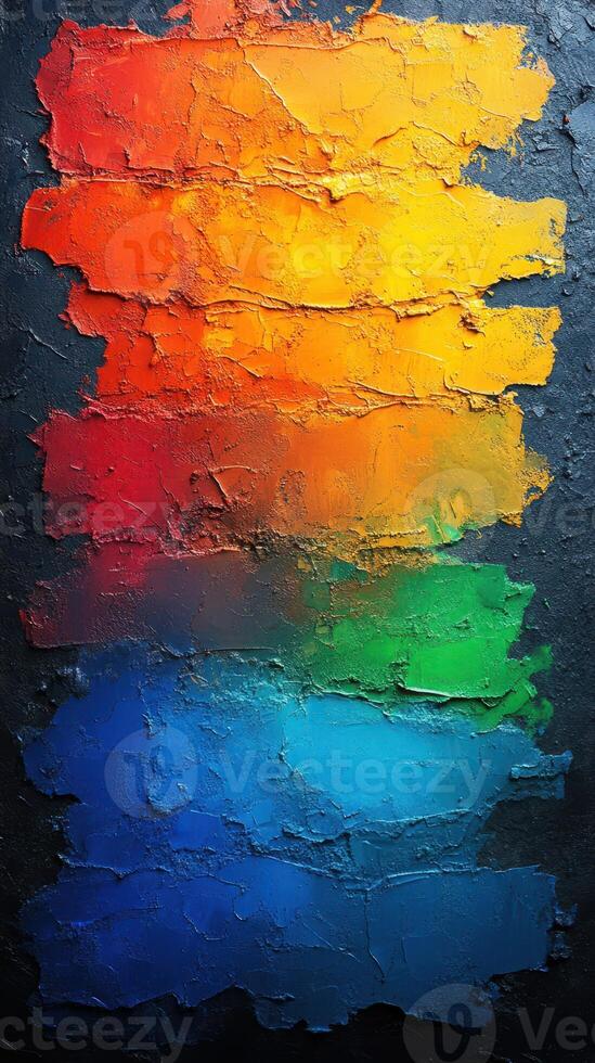 Colorful textured paint swatches displayed on a dark background showcasing a gradient from warm to cool tones photo