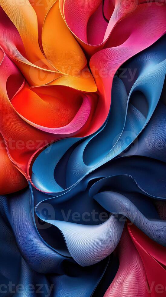 Colorful fabric waves creating an intricate texture with vibrant reds, oranges, blues, and pinks artistically arranged in a dynamic display photo