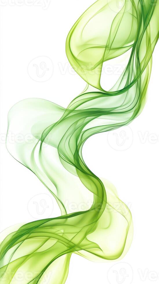 Journey of vibrant green and soft white flowing fabric weaving through the air in an artistic abstract display photo